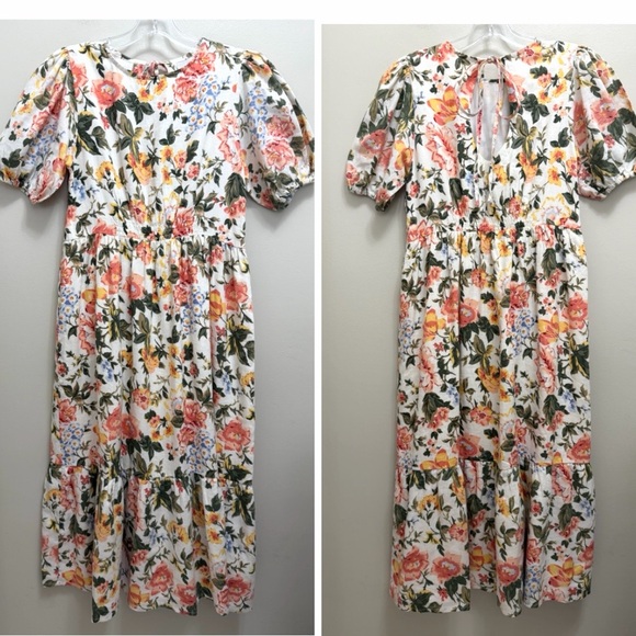 Faithfull the Brand Riso Linen Midi Dress Puff Sleeve Floral Multi Size S - Picture 2 of 12